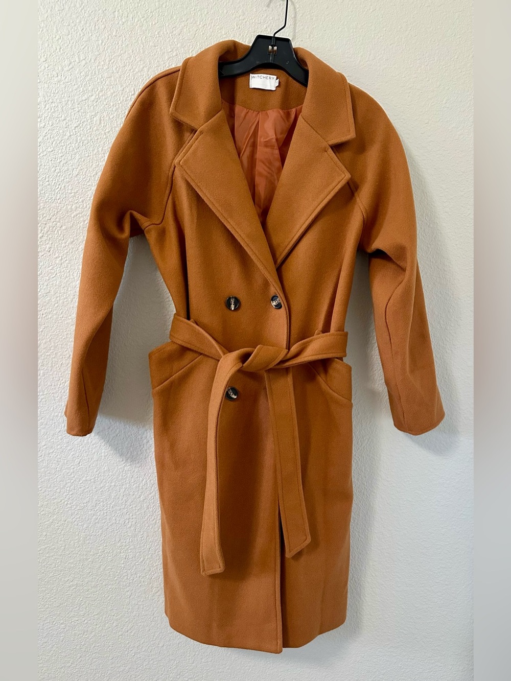 Witchery Camel Double-Breasted Belted Wrap Coat, Size M, Dolman Sleeve
